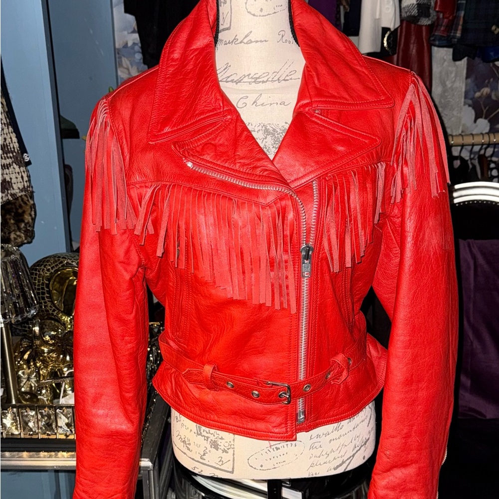 Rodeo Ready!!! Vintage Red Leather Fringe Jacket Belted Western Biker
Size 16